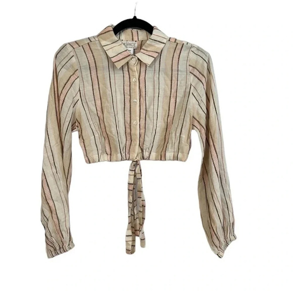 l*space Tops - L Space Play It Cool Top Cropped Long Sleeve with tie Cream Striped Sz XS NWT